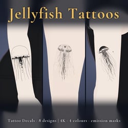 8 Jellyfish Tattoo Decals - Spiral Crest, Arabesque, Stardust & Moons | Glow Mask & 4 Colours incl. Black-Red, Any Avatar