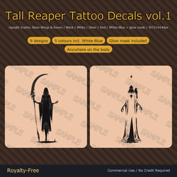 9 Tall Reaper Tattoo Decals vol.1 - Upright Scythe, Bone Wings & Raven | Glow Mask & 5 Colours incl. White-Blue, Any Avatar