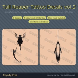 8 Tall Reaper Tattoo Decals vol.2 - Leaning Scythe, Dead Tree & Dragging Chains | Glow Mask & 5 Colours incl. White-Blue, Any Avatar
