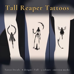 8 Tall Reaper Tattoo Decals vol.2 - Leaning Scythe, Dead Tree & Dragging Chains | Glow Mask & 5 Colours incl. White-Blue, Any Avatar