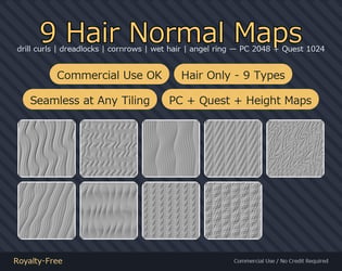 9 Hair Normal Maps - Drill Curls, Dreadlocks, Cornrows & Wet Hair | Seamless, PC + Quest
