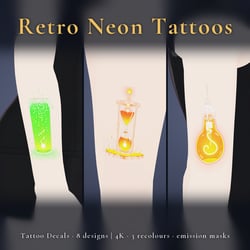 8 Glowing Neon Tattoo Decals - Retro Signage: Bulbs, Hourglasses & Firefly Jars | Emission Mask + 3 Recolours, 4K, Any Avatar