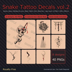 8 Snake Tattoo Decals vol.2 - Katana, Sakura, Whirlpool & Lotus | Glow Mask & 4 Colours incl. Black-Red, Any Avatar