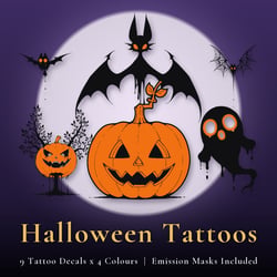 Halloween Tattoo Decals - 9 Designs x 4 Colours, Pumpkin, Bat & Ghost, 4K + Emission Masks | Any Avatar, Skin, Clothes or Props