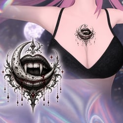 A tattoo texture of a mouth holding a moon.