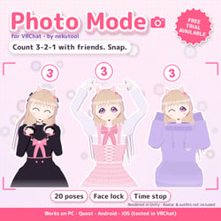Photo Mode for VRChat — 20 Poses, Group 3-2-1 Countdown, Face Lock & Eye Contact (PC/Quest/Mobile)