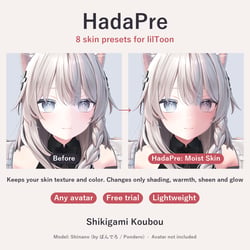 HadaPre | 8 lilToon Skin Presets - Soft, Moist, Glossy, Porcelain & More [VRChat, Free Trial]